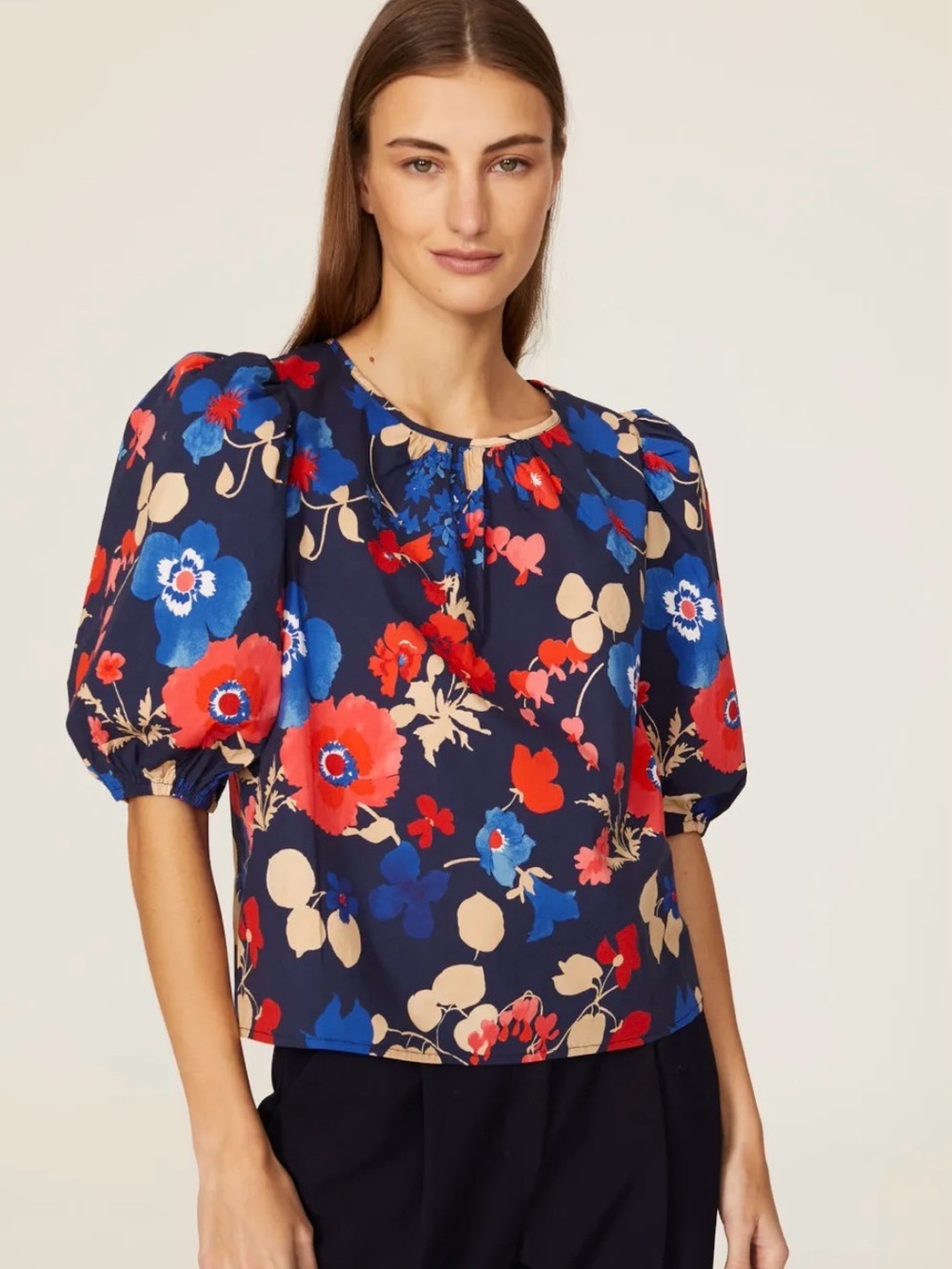 Peter Som Navy Floral Puff-Sleeve Blouse - Blue & Red